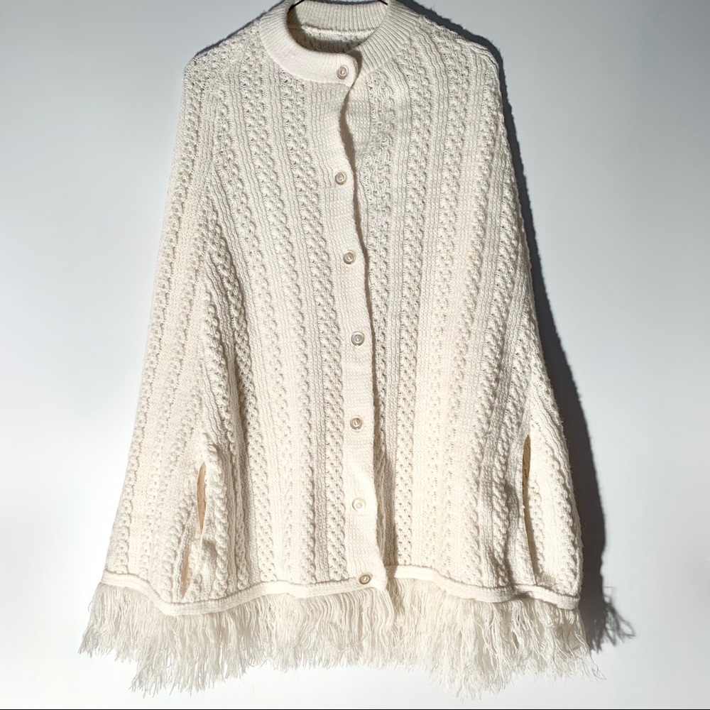 Vintage White Knit Crochet Fringe Poncho Shawl